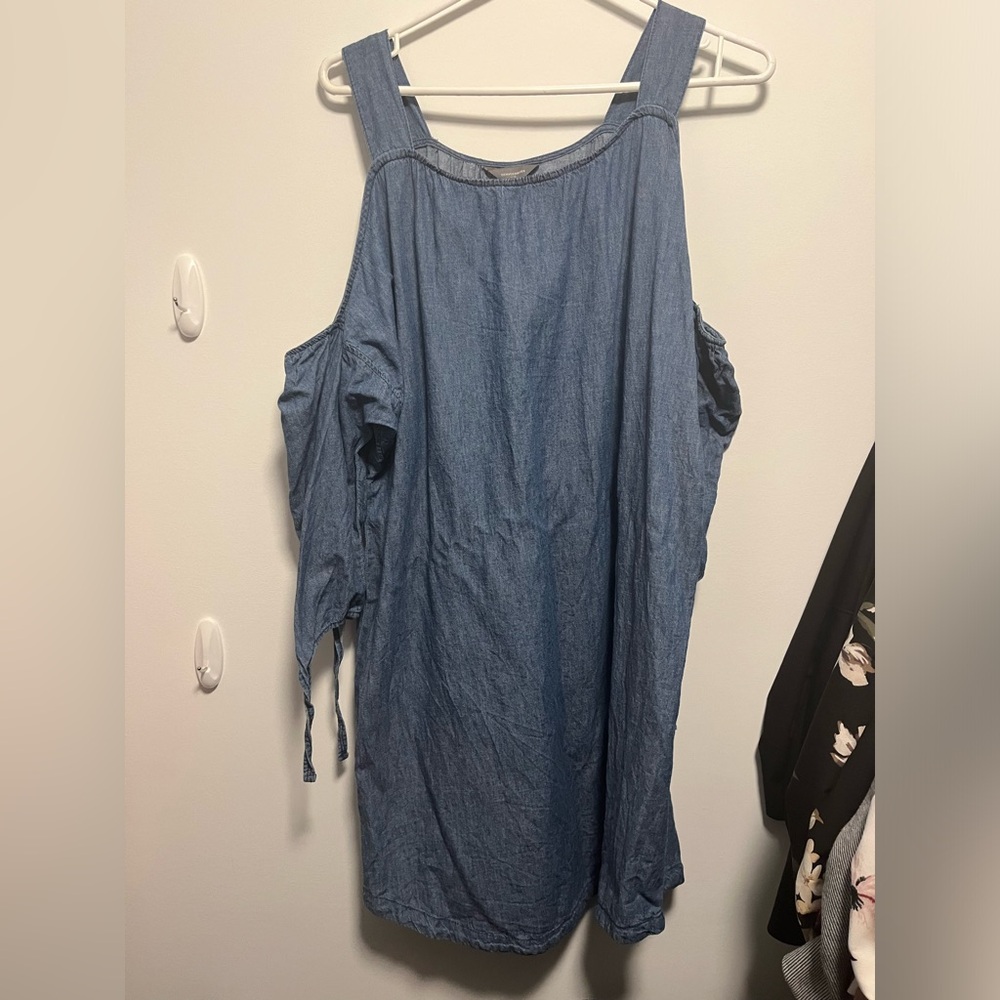 Jean style dress with cut out shoulders and ties
